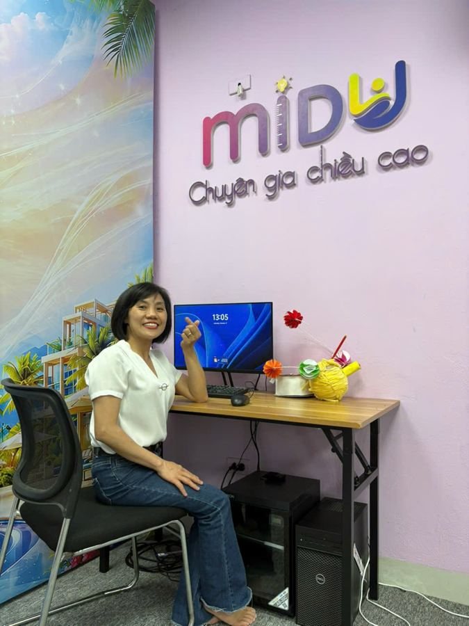Vũ Thị Tuyến ngồi tại bàn làm việc dưới logo Midu, Chuyên gia chiều cao